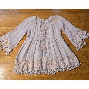 Boston Proper Medium Boho Embroidered Tunic Blouse w/ tassle and pom poms